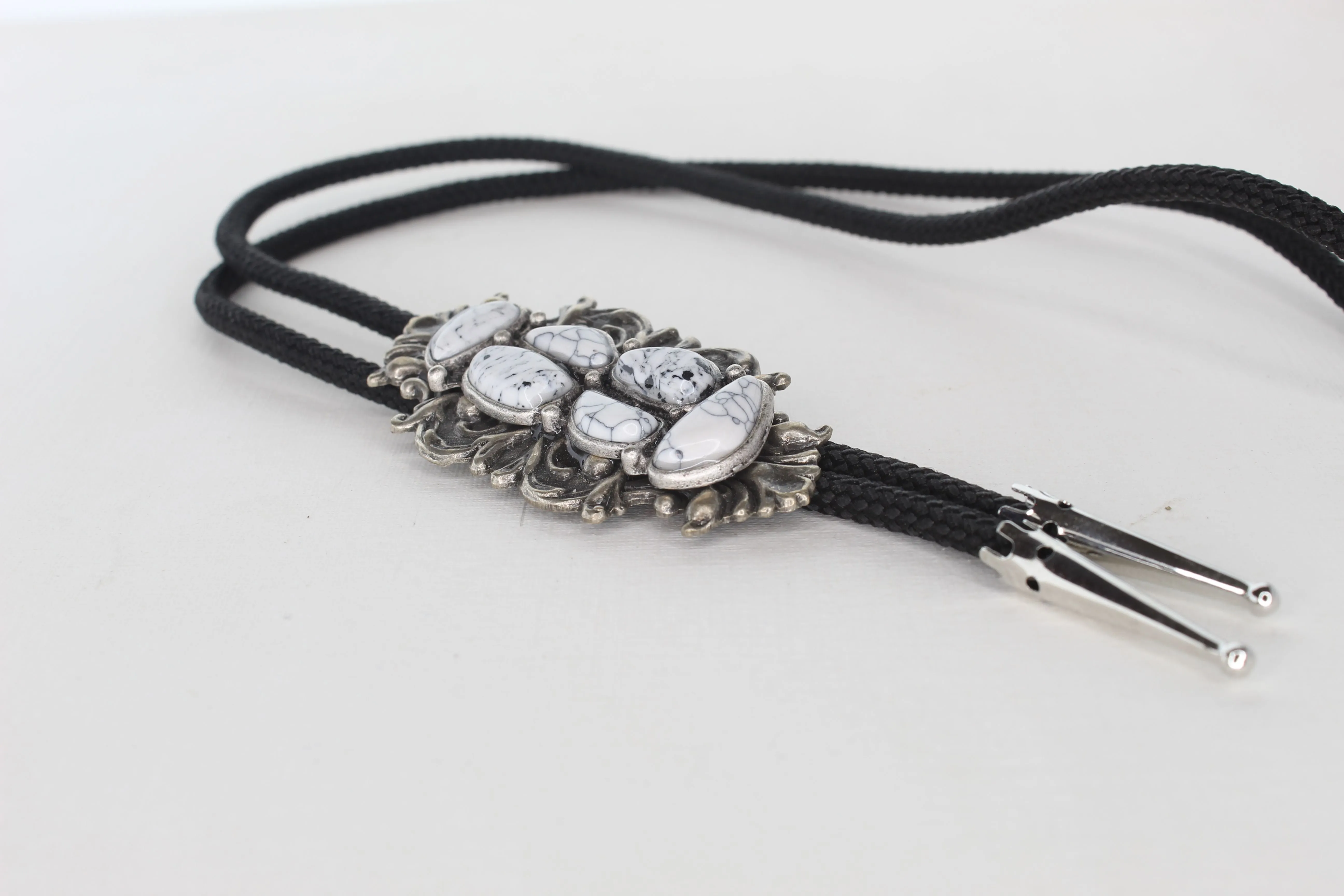 2 various Vintage White Buffalo Stone Bolo Ties, made in USA, each
