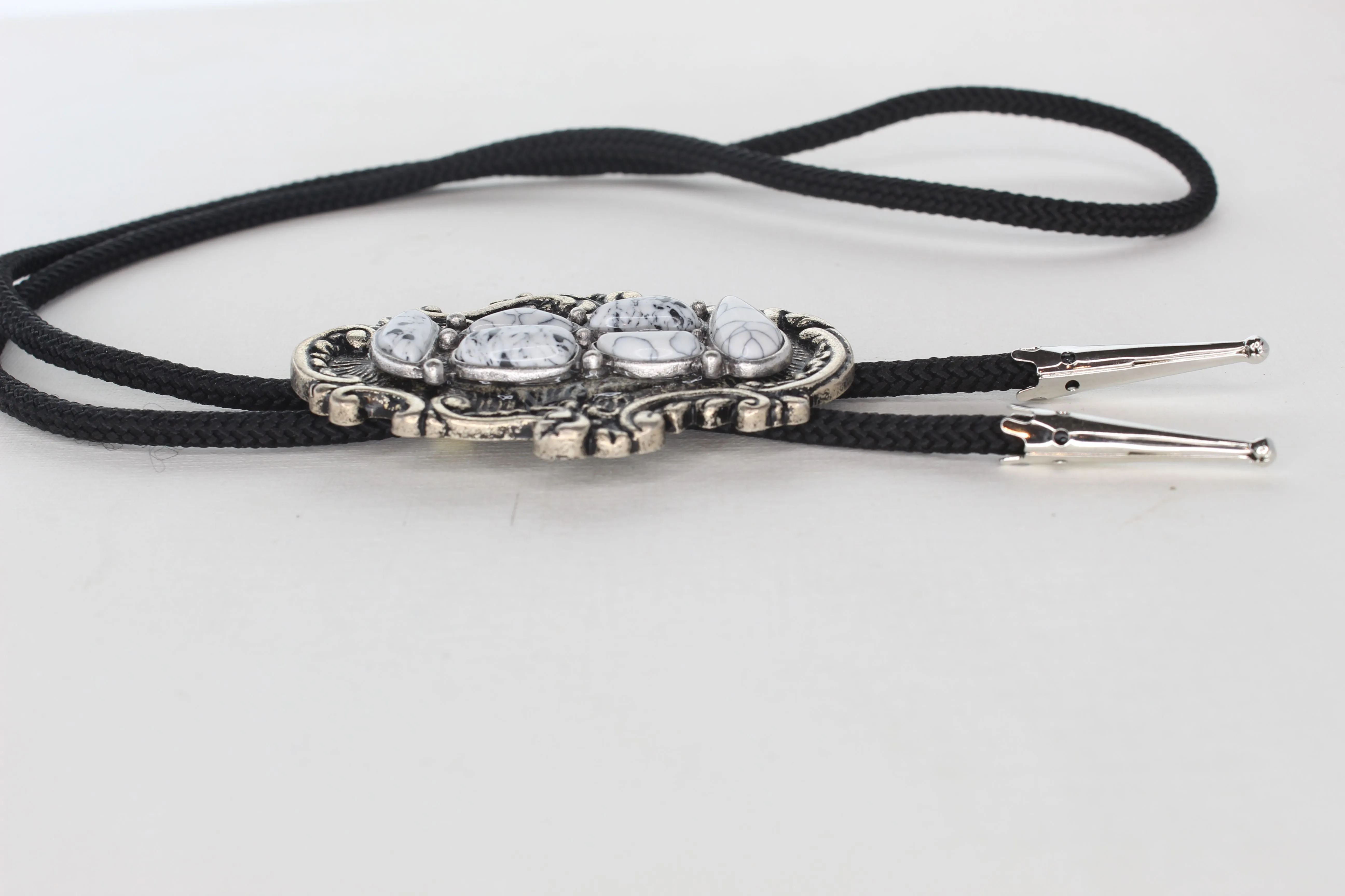2 various Vintage White Buffalo Stone Bolo Ties, made in USA, each