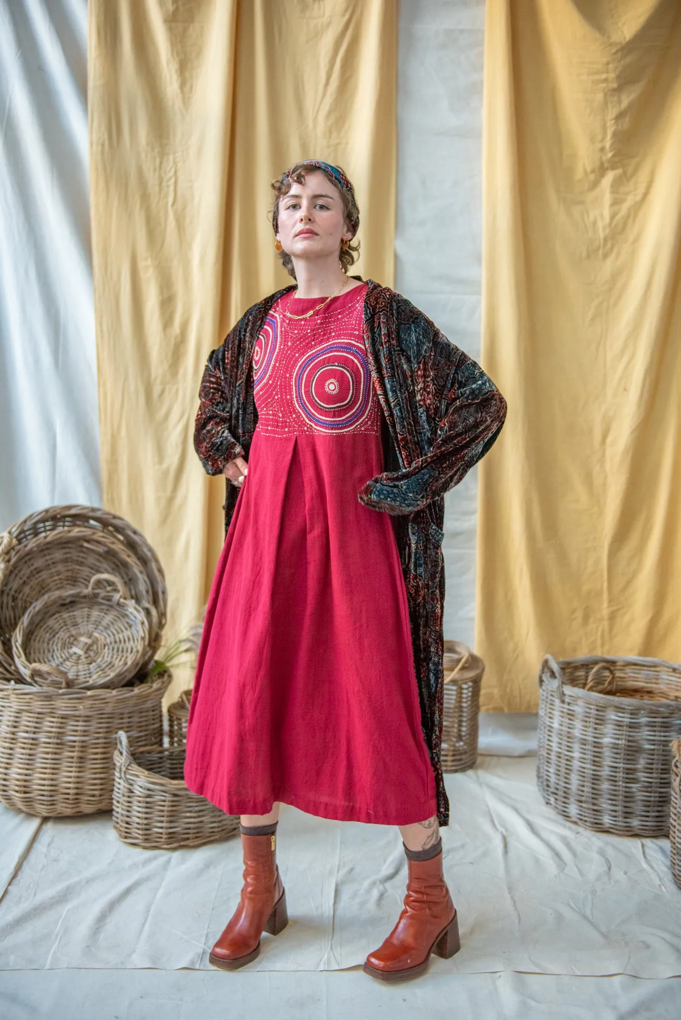 Ajrakh Silk Velvet Long Coat with Indigo/Madder