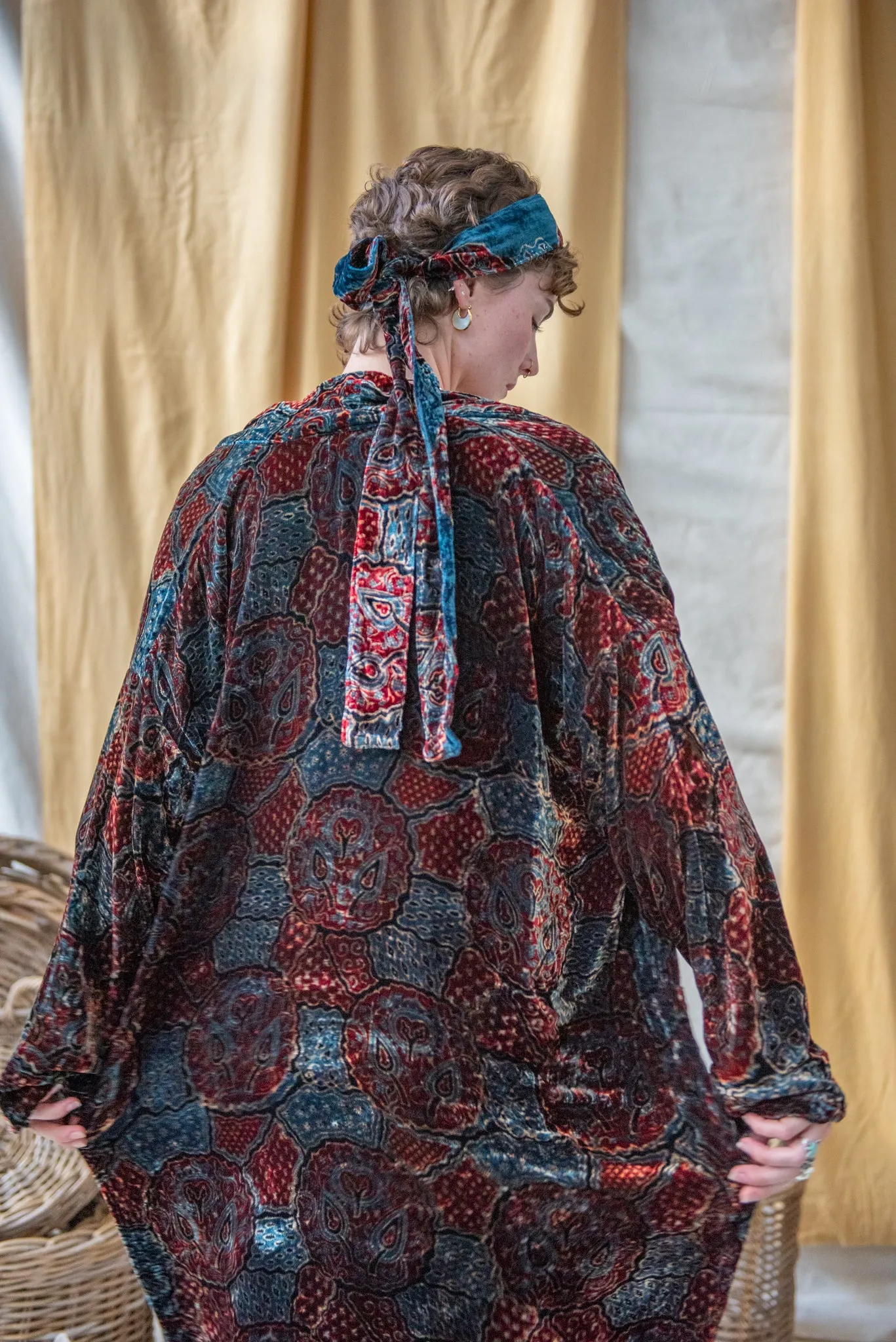 Ajrakh Silk Velvet Long Coat with Indigo/Madder