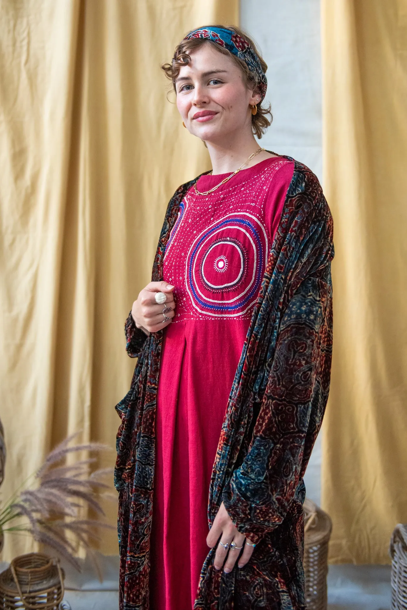 Ajrakh Silk Velvet Long Coat with Indigo/Madder