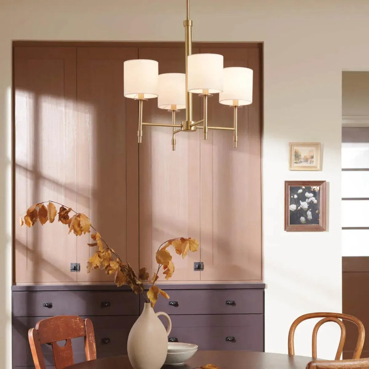 Ali 20" 4-Light Chandelier with Fabric Drum Shade, Brushed Natural Brass Finish