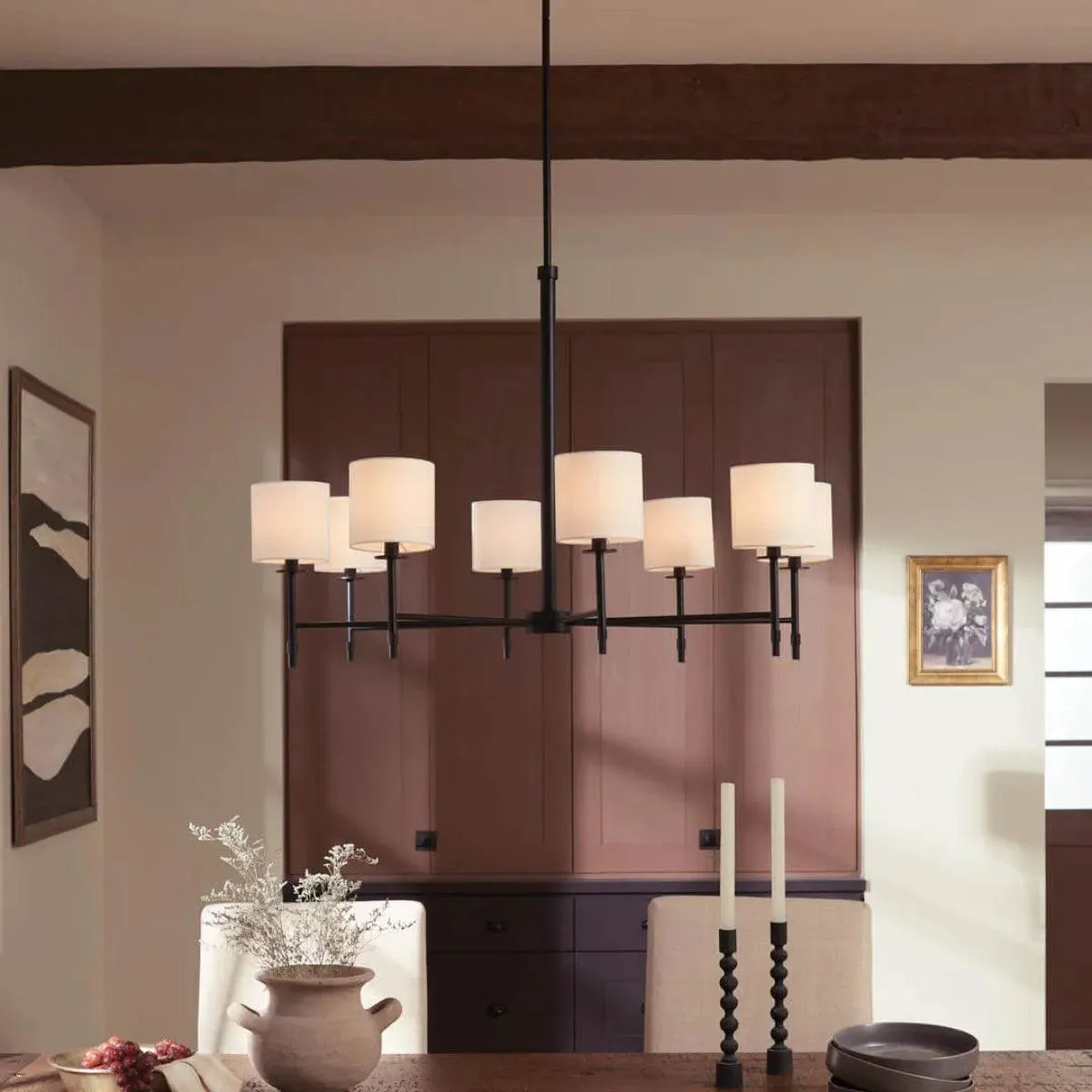 Ali 39" 8-Light Chandelier with Fabric Drum Shade, Black Finish
