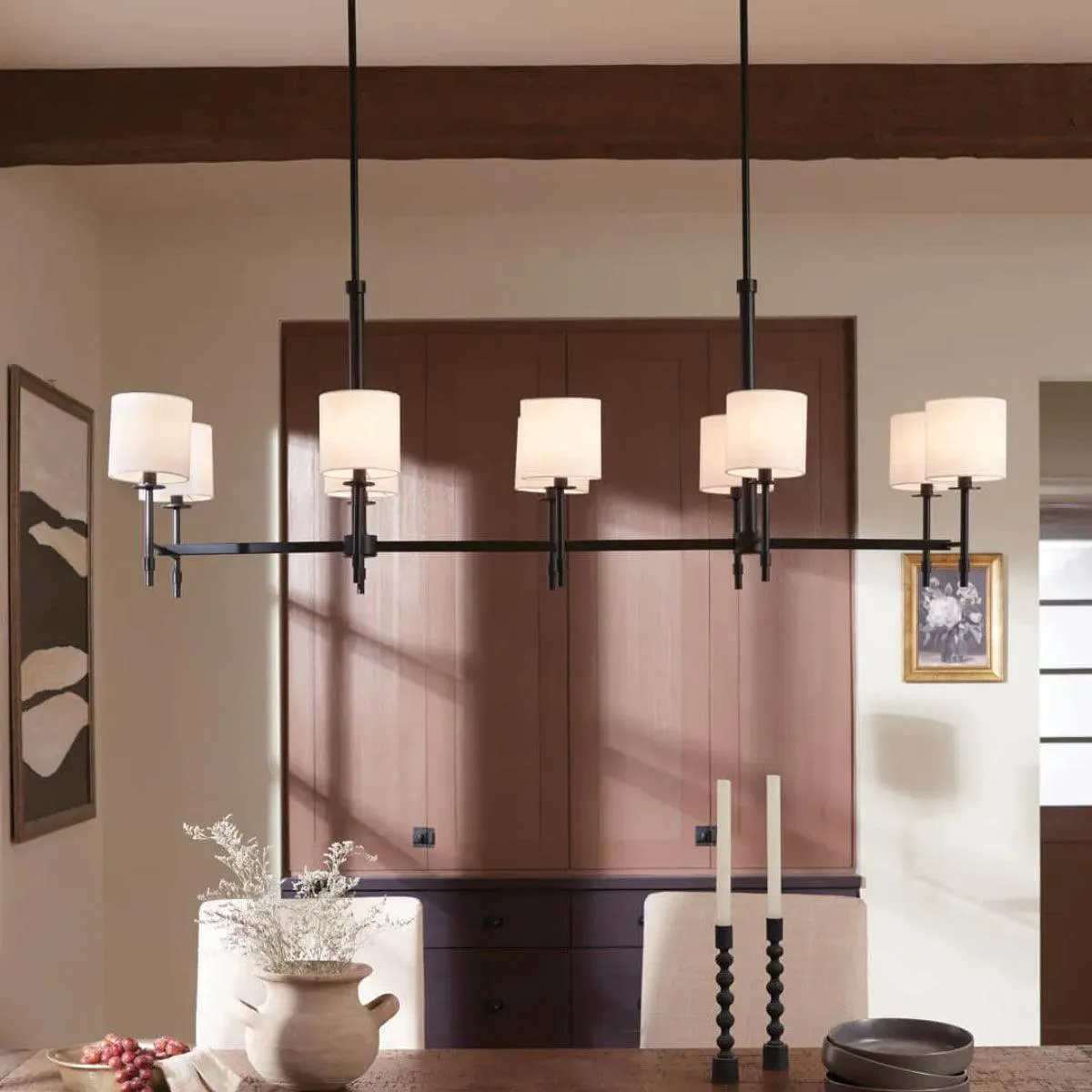 Ali 57" 10-Light Chandelier with Fabric Drum Shade, Black Finish