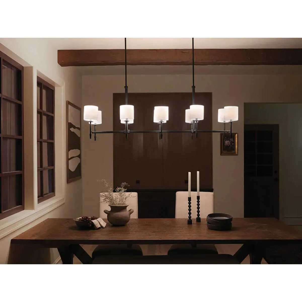 Ali 57" 10-Light Chandelier with Fabric Drum Shade, Black Finish
