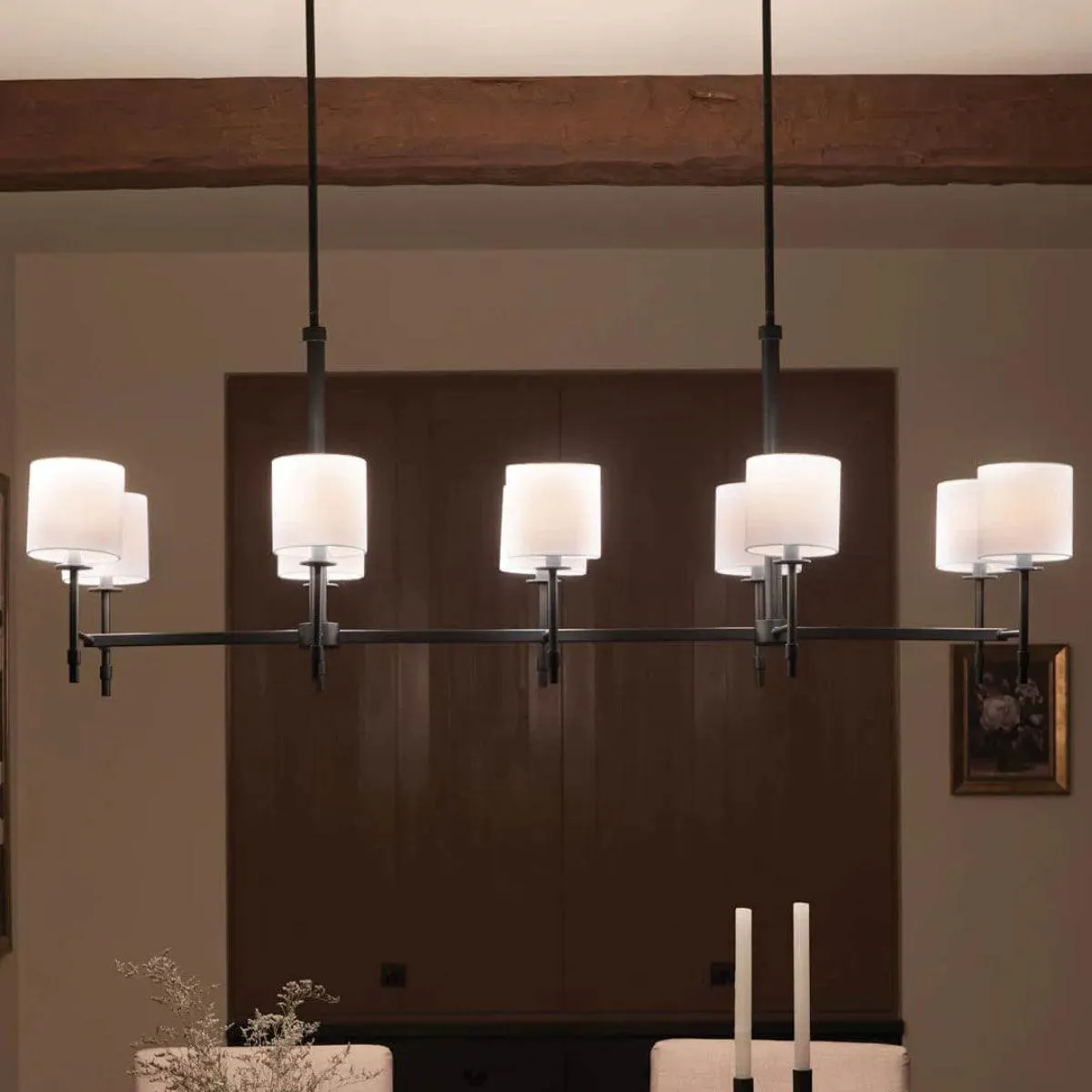 Ali 57" 10-Light Chandelier with Fabric Drum Shade, Black Finish