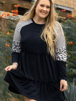 Black Plus Size Striped Leopard Patch Sleeve Ruffle Tiered Dress