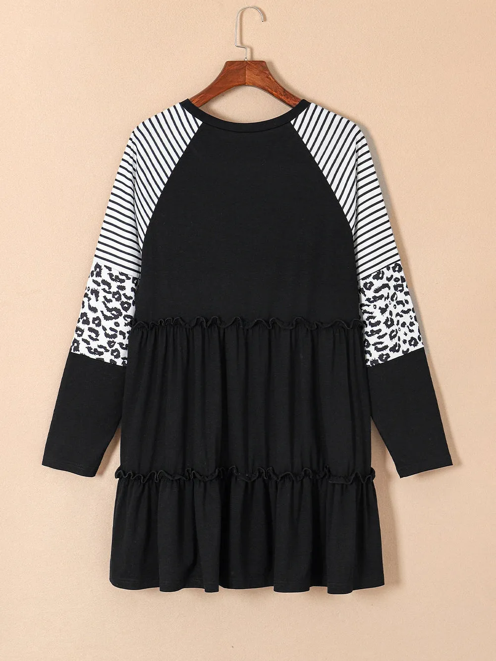 Black Plus Size Striped Leopard Patch Sleeve Ruffle Tiered Dress