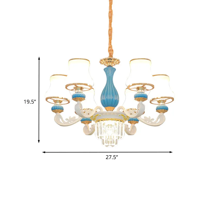 Contemporary Blue and White Chandelier with Opal Glass and Crystal Hangings