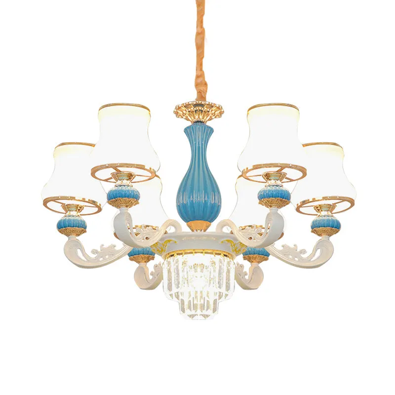 Contemporary Blue and White Chandelier with Opal Glass and Crystal Hangings