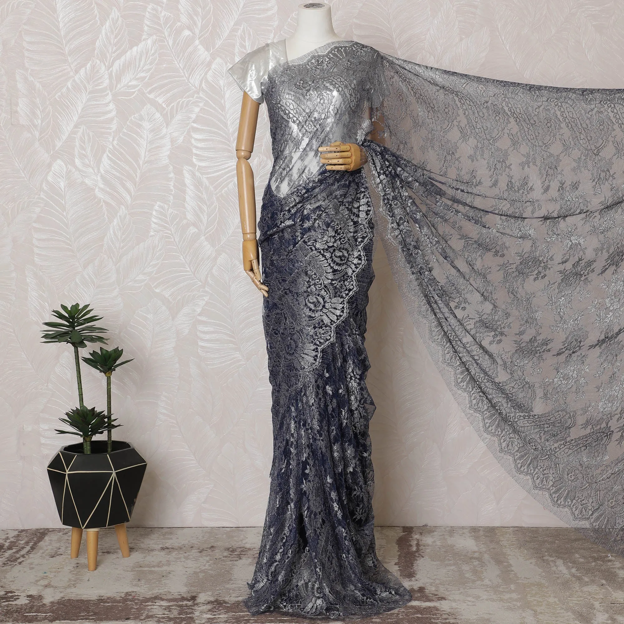 Elegant French Metallic Chantilly Lace Fabric - Steel Blue Floral Design, 110 cm Width, 5.5 Meters-D19455