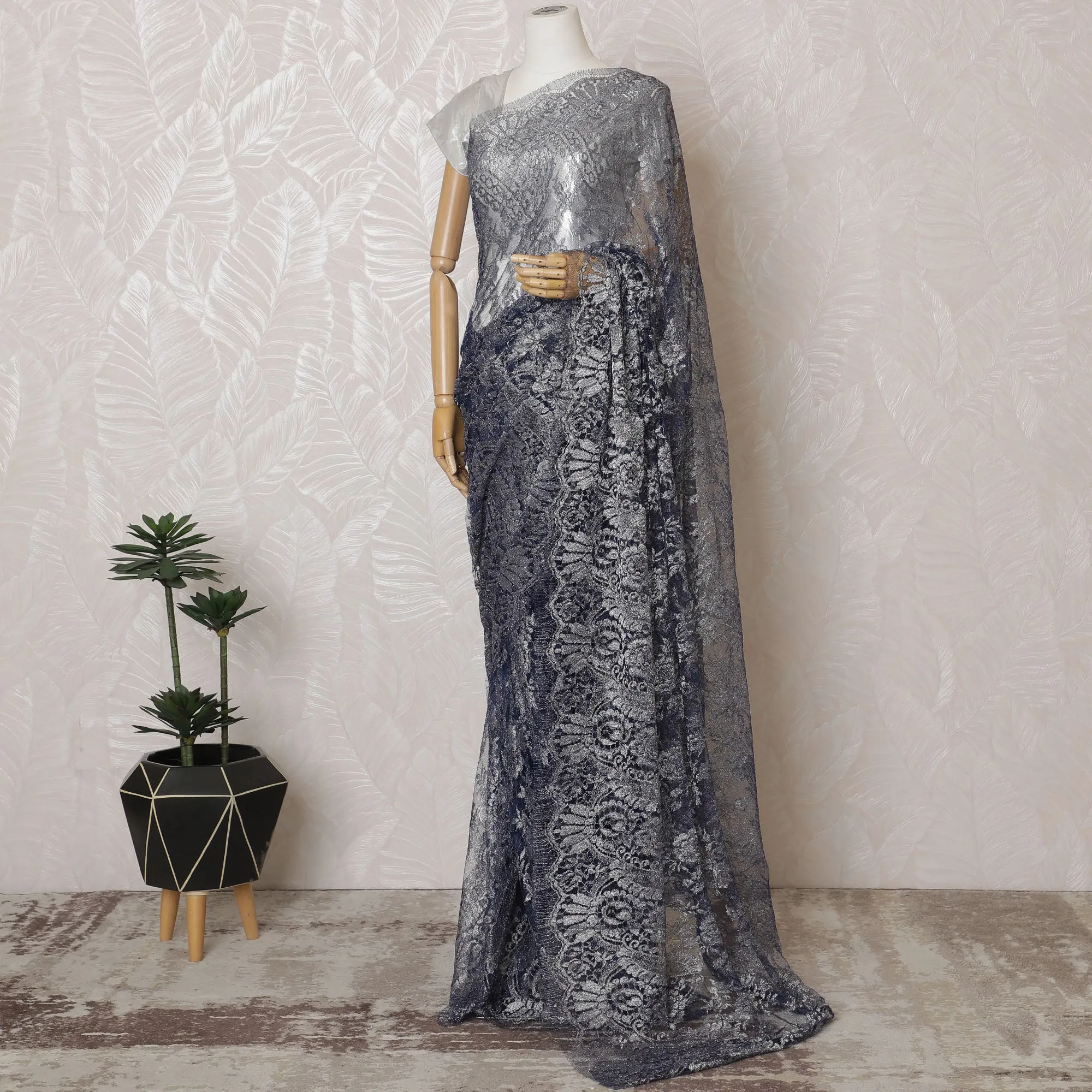 Elegant French Metallic Chantilly Lace Fabric - Steel Blue Floral Design, 110 cm Width, 5.5 Meters-D19455