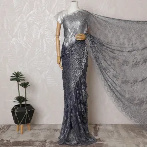 Elegant French Metallic Chantilly Lace Fabric - Steel Blue Floral Design, 110 cm Width, 5.5 Meters-D19455