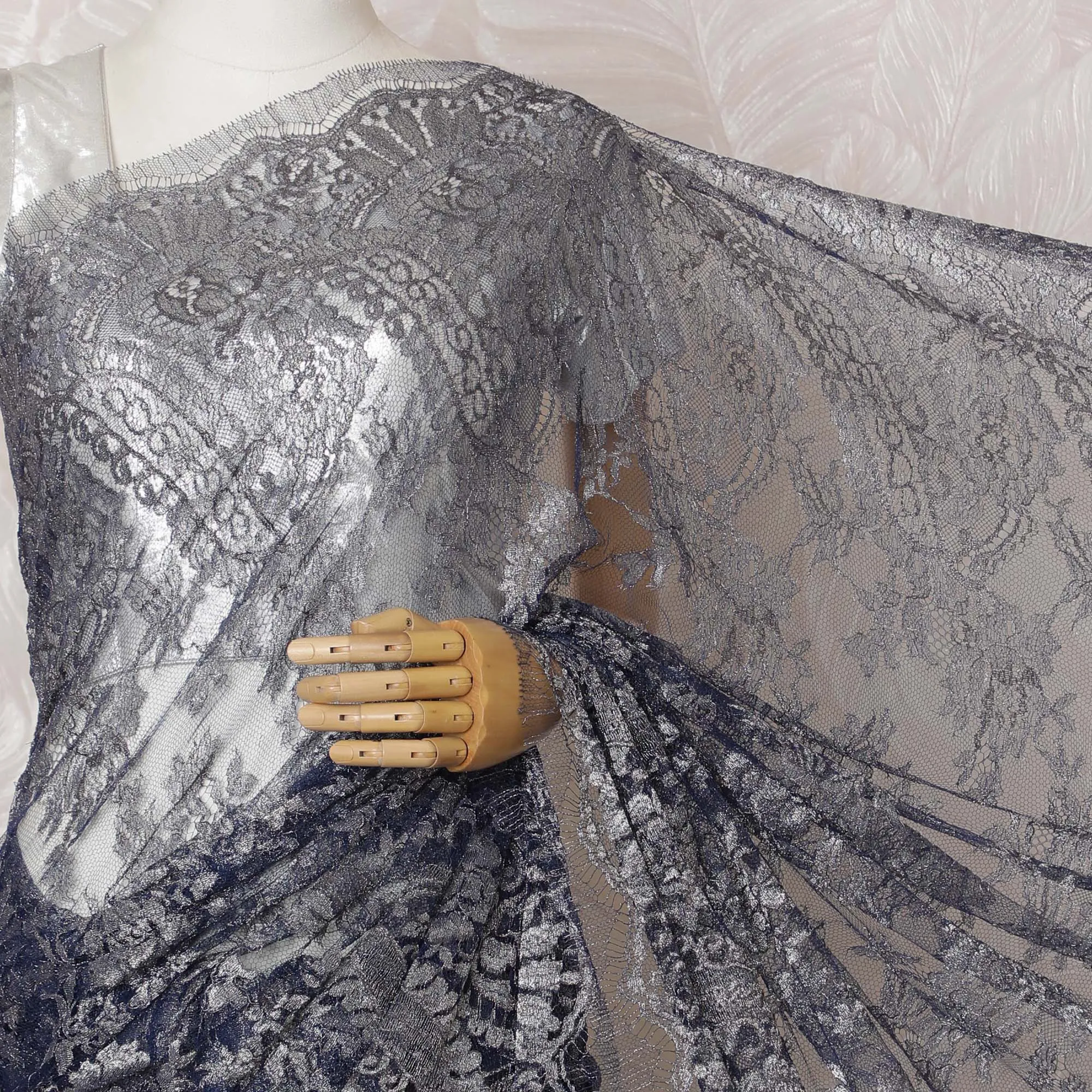 Elegant French Metallic Chantilly Lace Fabric - Steel Blue Floral Design, 110 cm Width, 5.5 Meters-D19455