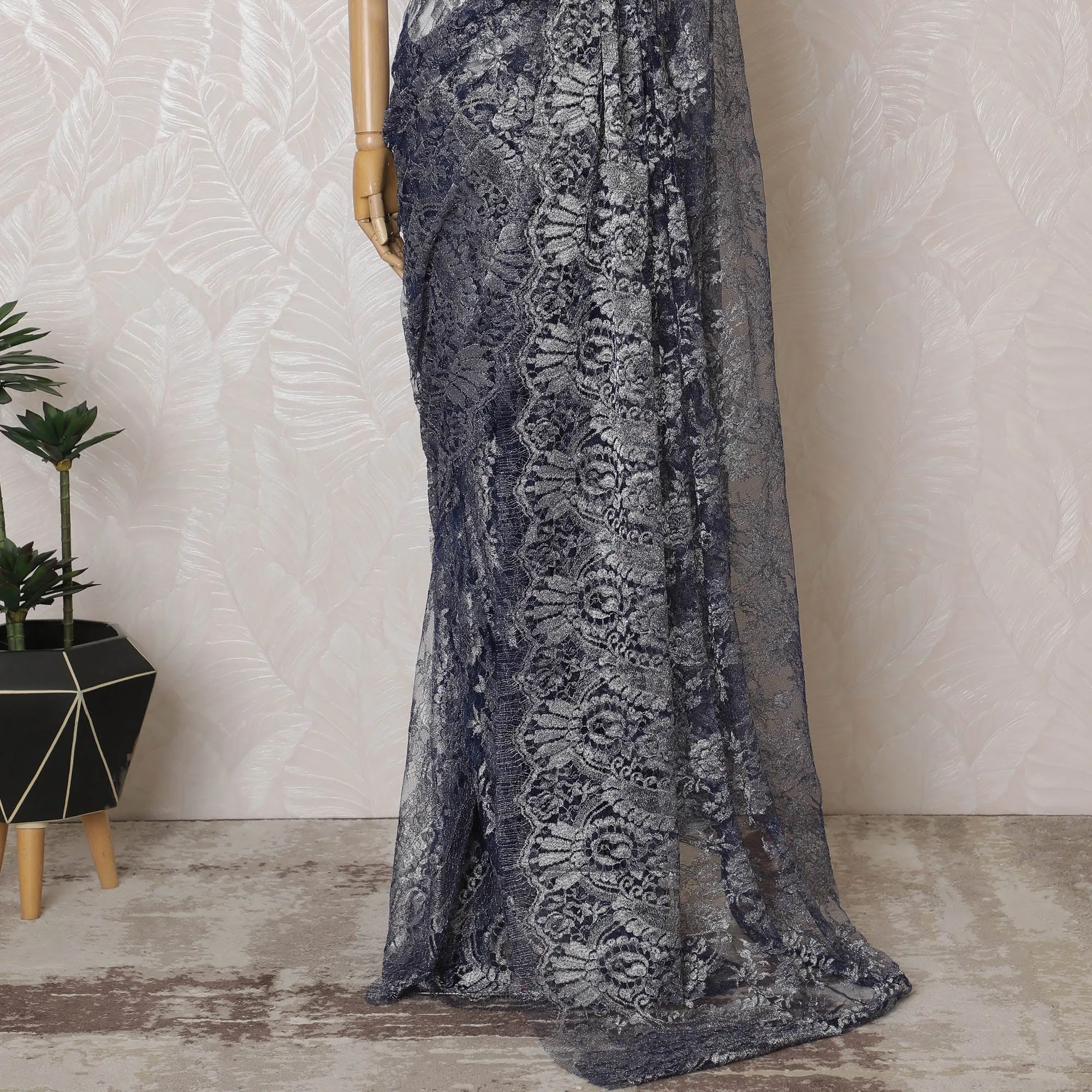 Elegant French Metallic Chantilly Lace Fabric - Steel Blue Floral Design, 110 cm Width, 5.5 Meters-D19455