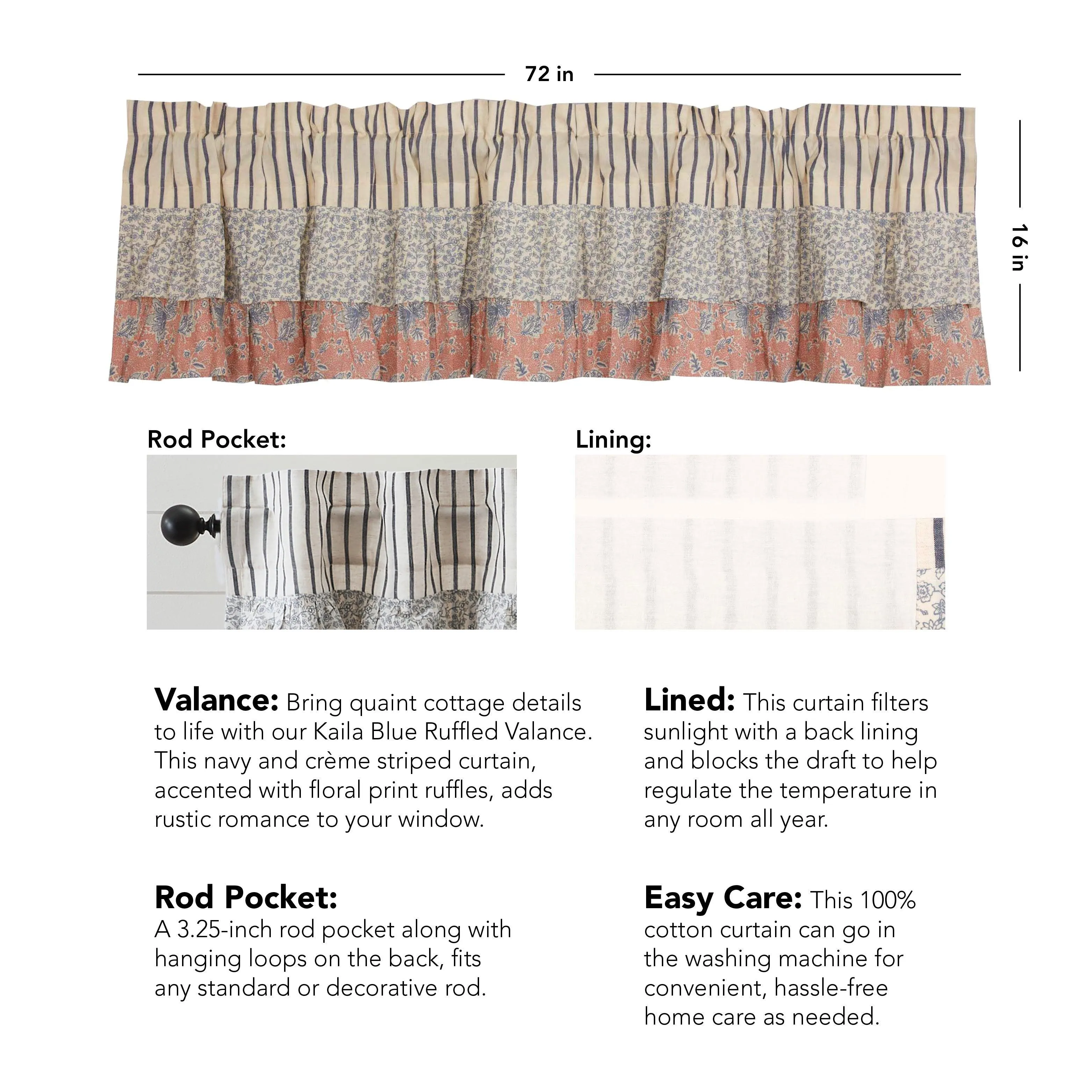 Kaila Ticking Blue Ruffled Valance 16x72 VHC Brands