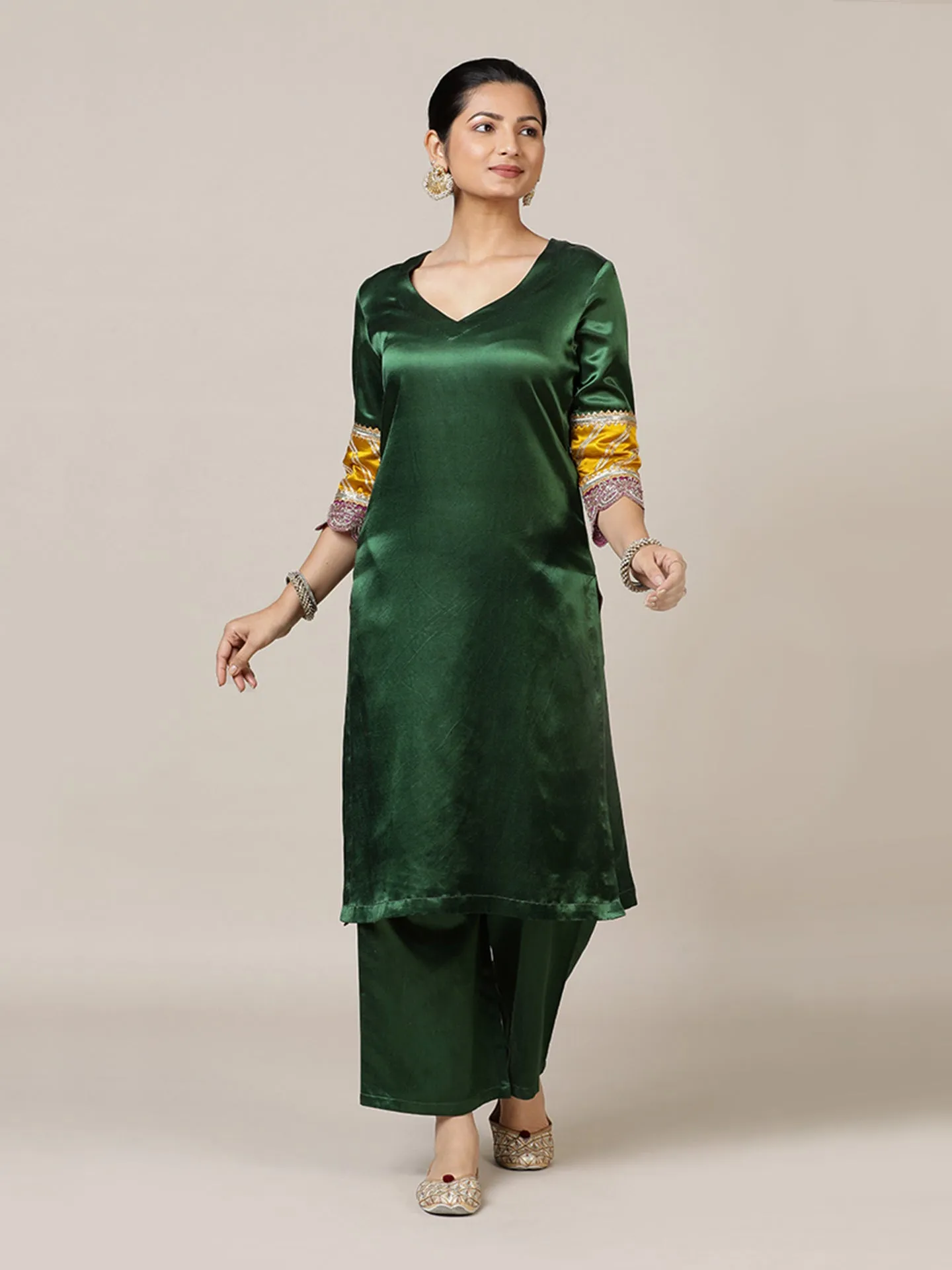 Kainaat x Tyohaar | Emerald Green Mashru Silk A-Line Kurta with Embroidered Sleeves | Coords or Only Kurta