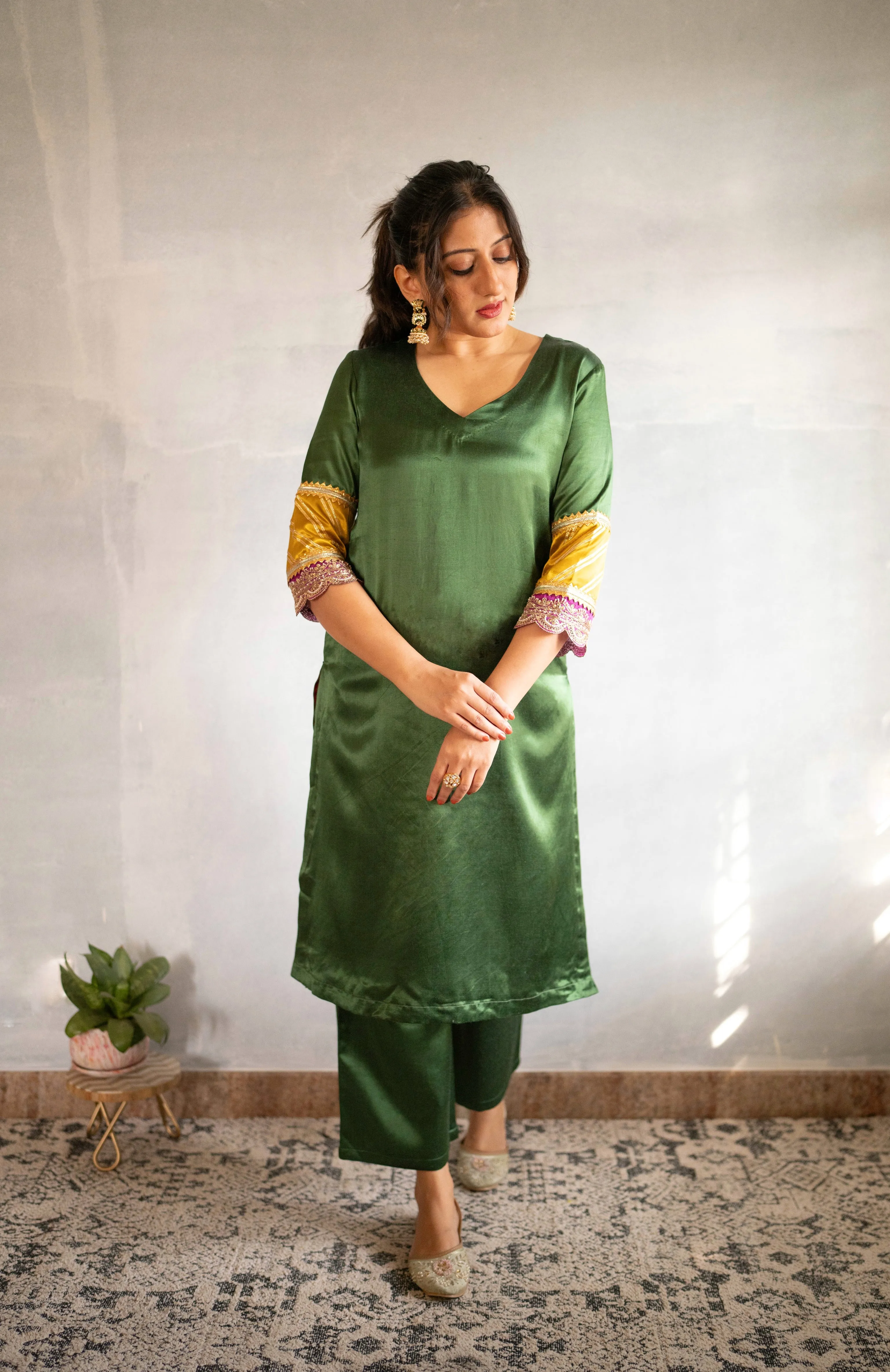 Kainaat x Tyohaar | Emerald Green Mashru Silk A-Line Kurta with Embroidered Sleeves | Coords or Only Kurta