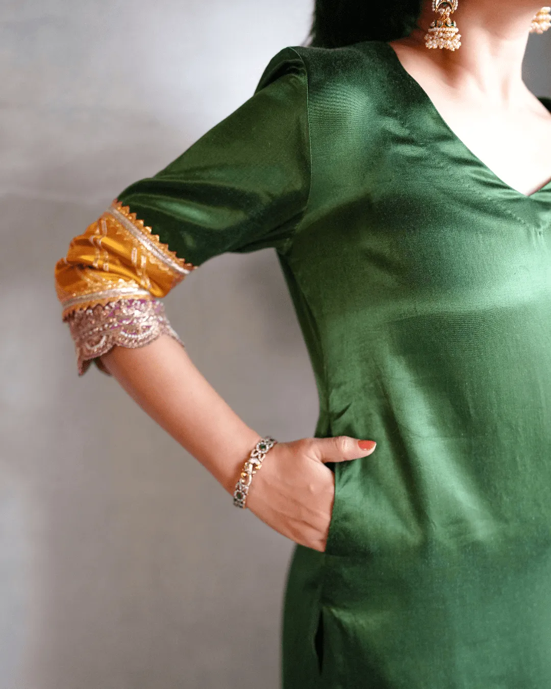 Kainaat x Tyohaar | Emerald Green Mashru Silk A-Line Kurta with Embroidered Sleeves | Coords or Only Kurta