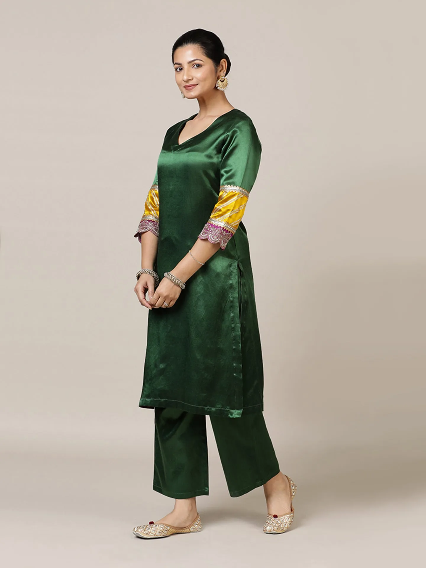 Kainaat x Tyohaar | Emerald Green Mashru Silk A-Line Kurta with Embroidered Sleeves | Coords or Only Kurta