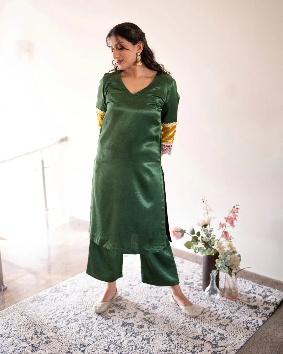 Kainaat x Tyohaar | Emerald Green Mashru Silk A-Line Kurta with Embroidered Sleeves | Coords or Only Kurta