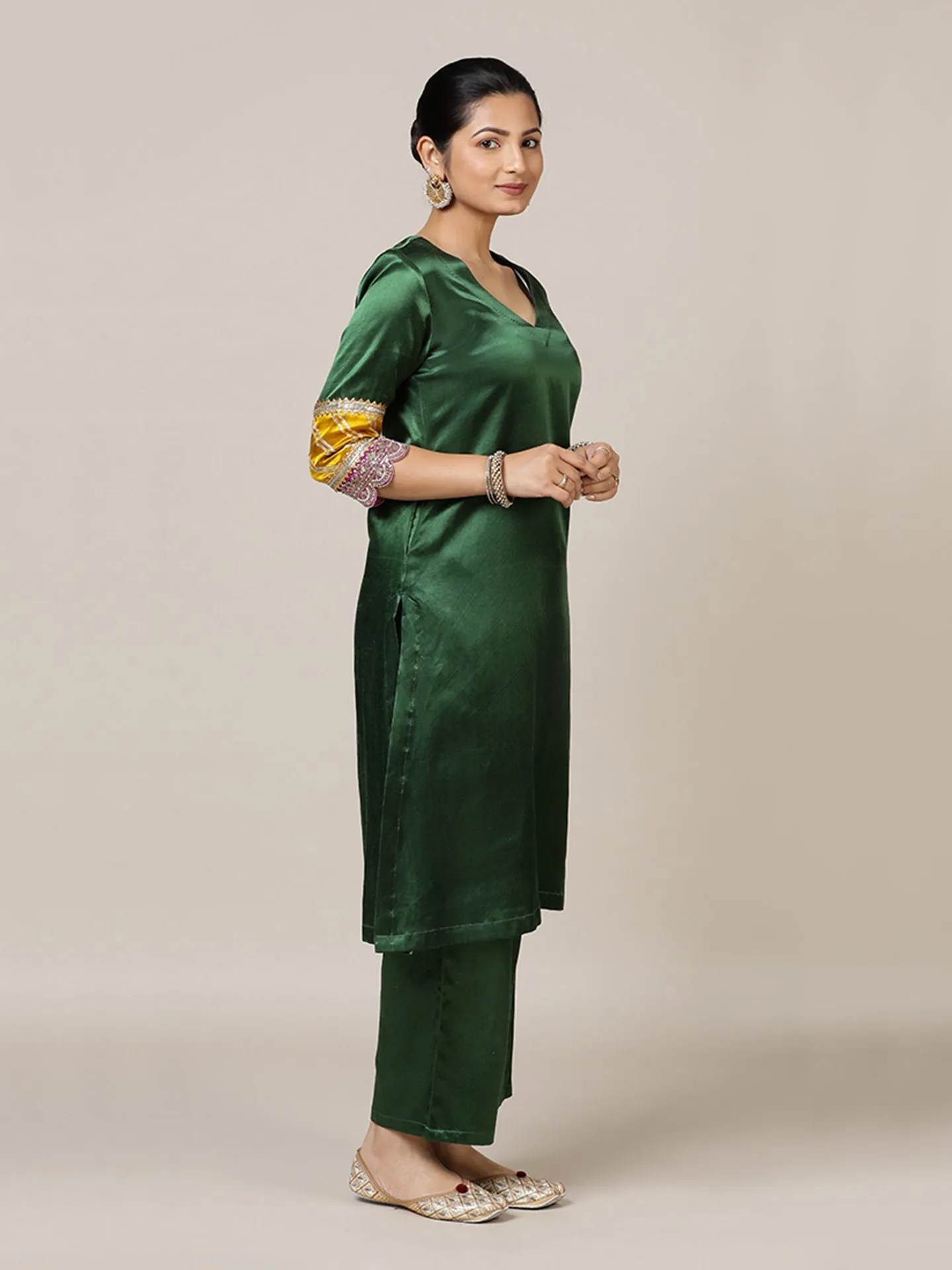 Kainaat x Tyohaar | Emerald Green Mashru Silk A-Line Kurta with Embroidered Sleeves | Coords or Only Kurta
