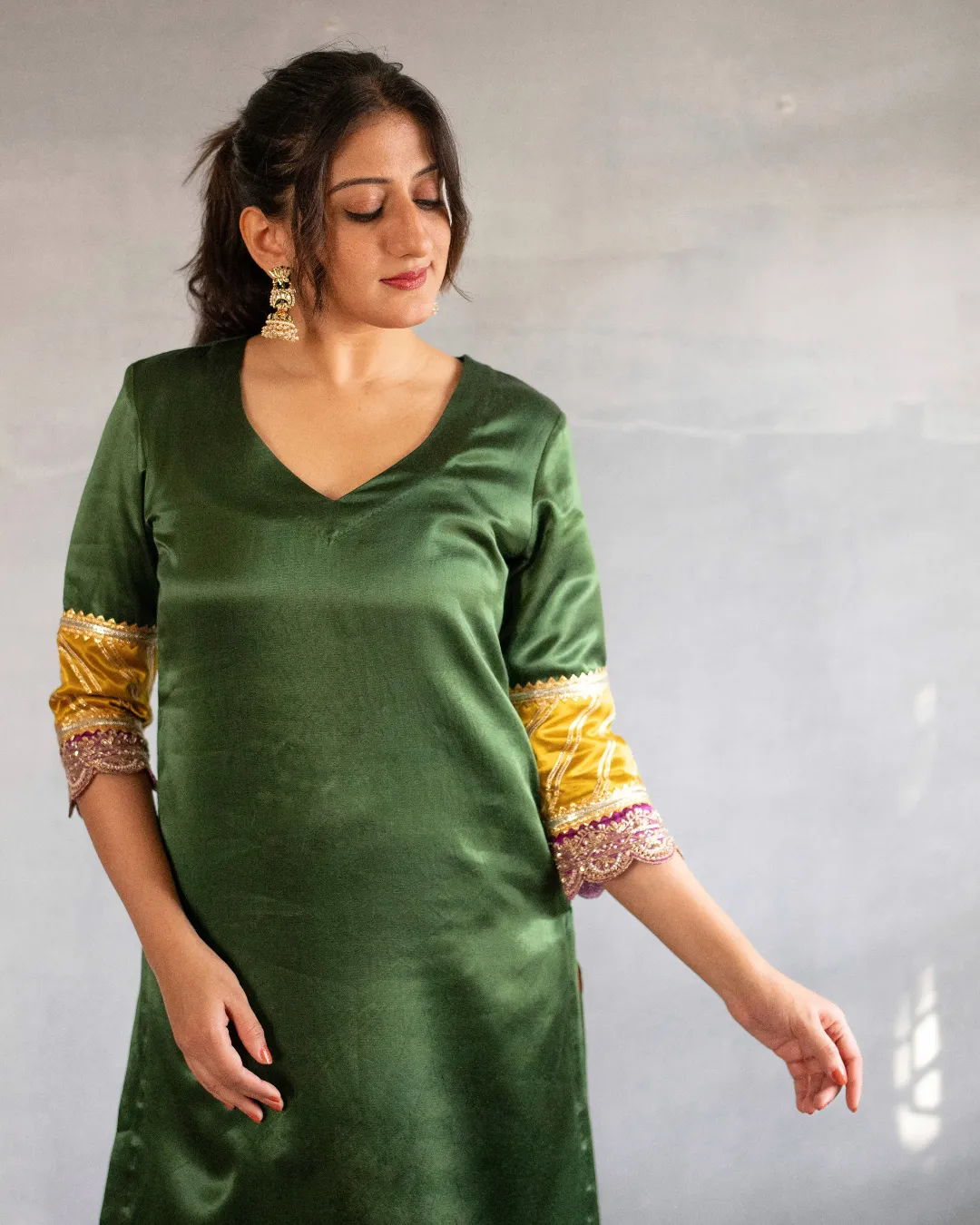 Kainaat x Tyohaar | Emerald Green Mashru Silk A-Line Kurta with Embroidered Sleeves | Coords or Only Kurta