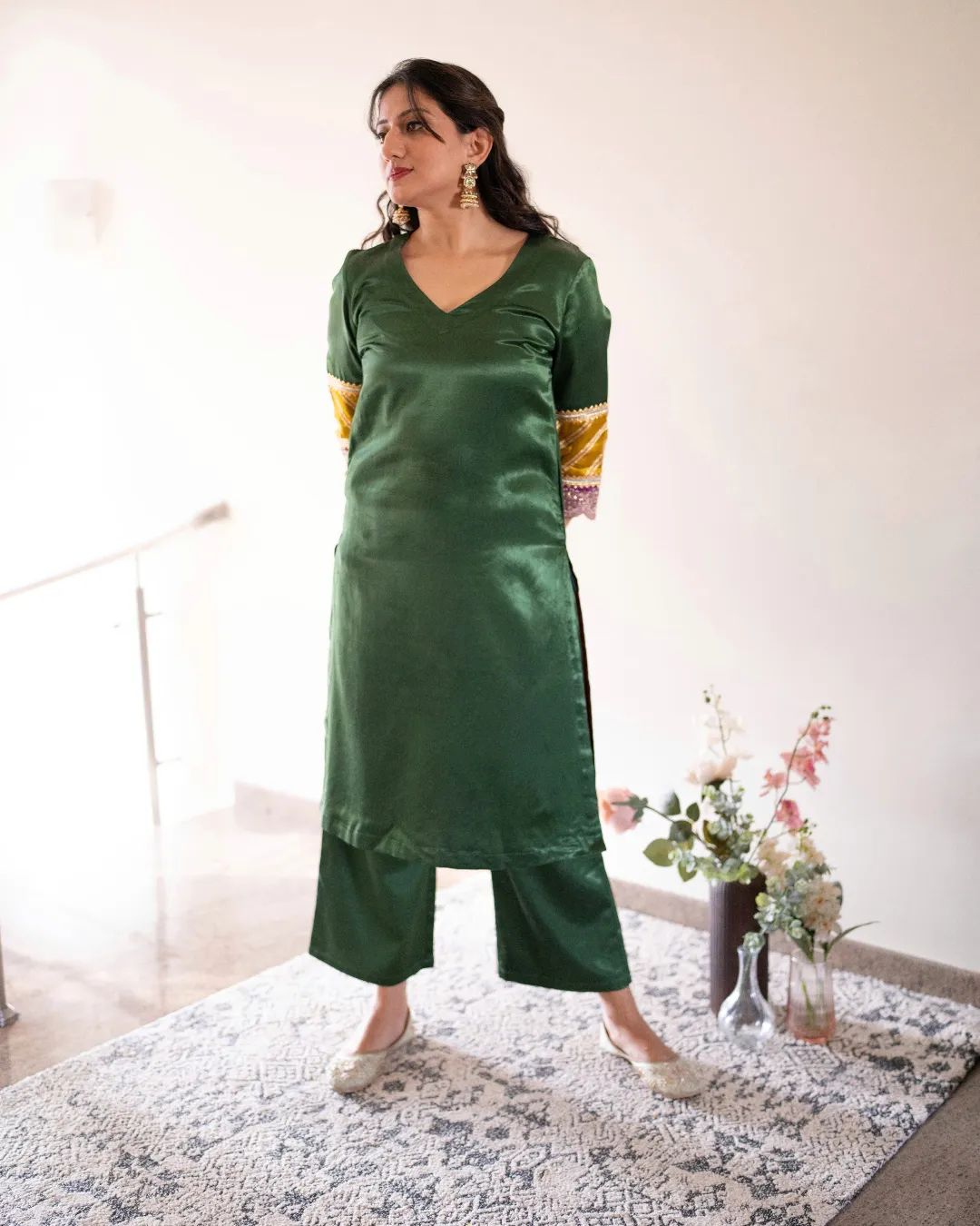 Kainaat x Tyohaar | Emerald Green Mashru Silk A-Line Kurta with Embroidered Sleeves | Coords or Only Kurta