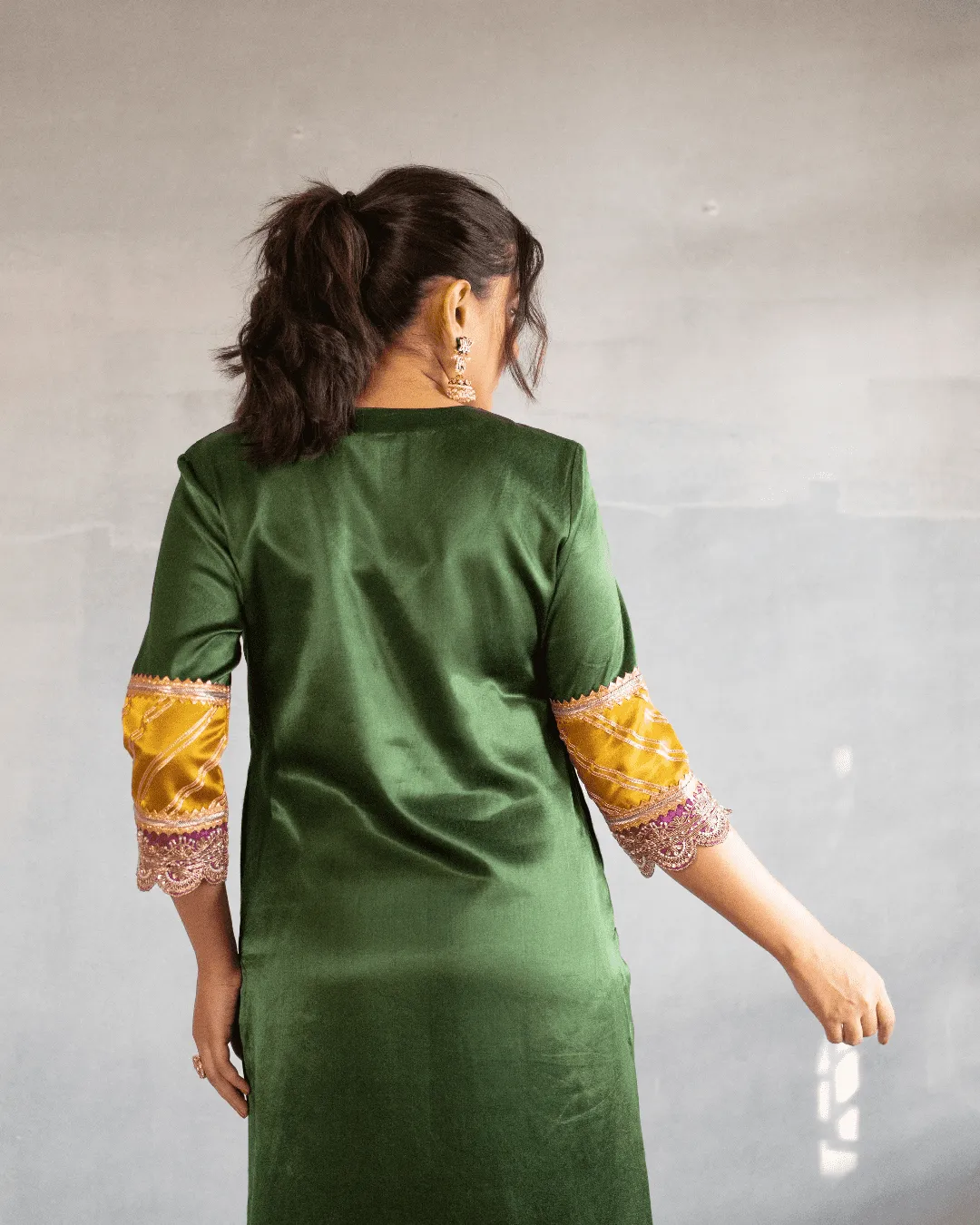 Kainaat x Tyohaar | Emerald Green Mashru Silk A-Line Kurta with Embroidered Sleeves | Coords or Only Kurta