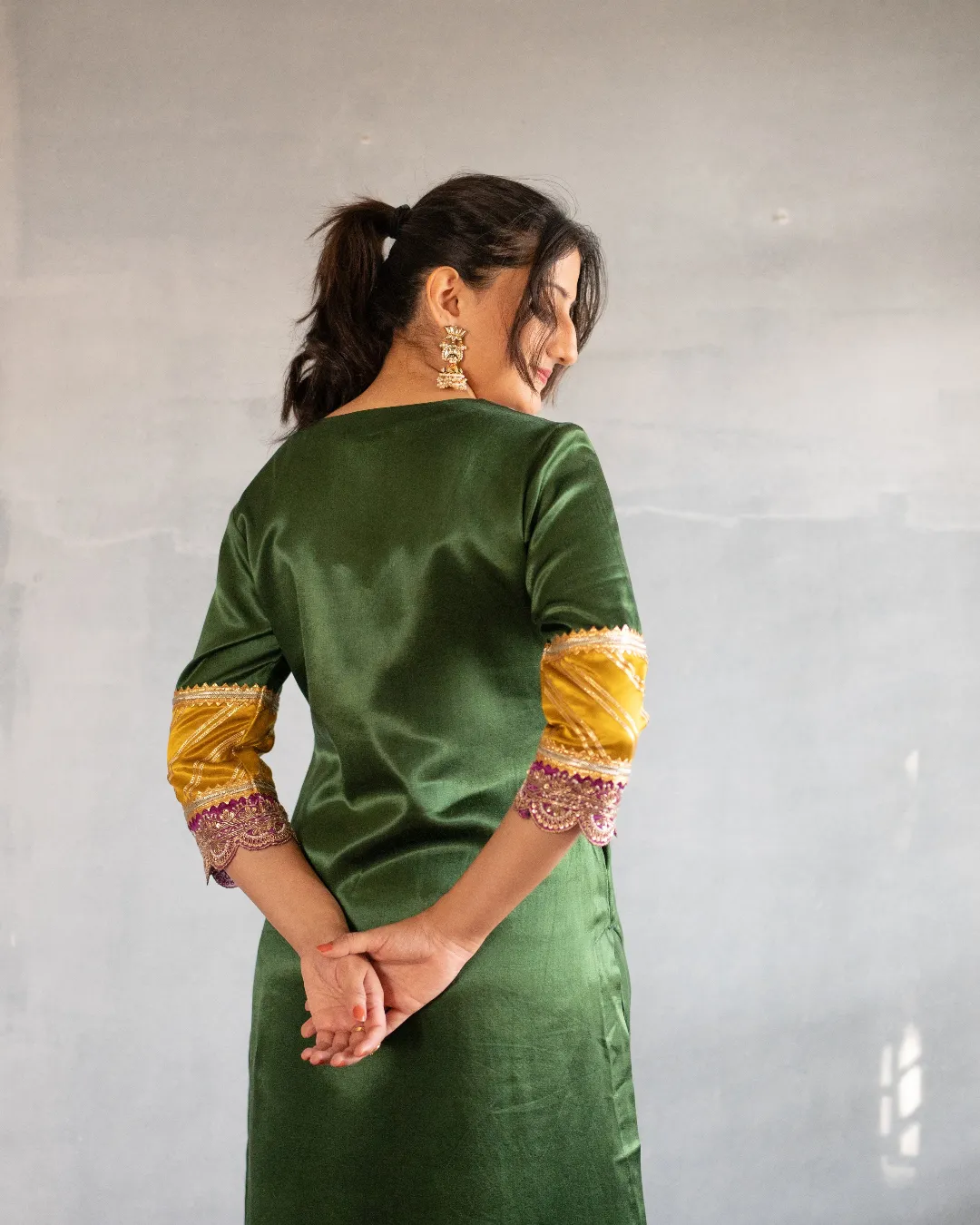 Kainaat x Tyohaar | Emerald Green Mashru Silk A-Line Kurta with Embroidered Sleeves | Coords or Only Kurta