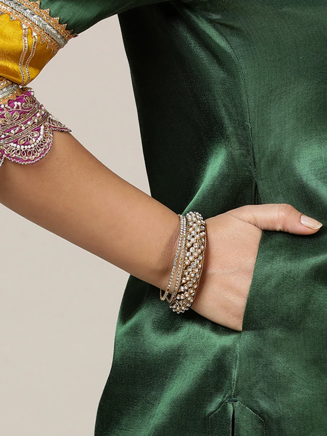 Kainaat x Tyohaar | Emerald Green Mashru Silk A-Line Kurta with Embroidered Sleeves | Coords or Only Kurta