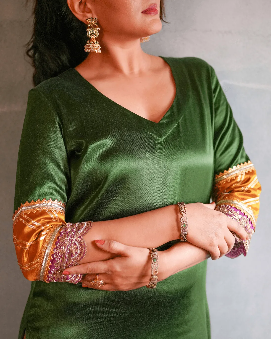 Kainaat x Tyohaar | Emerald Green Mashru Silk A-Line Kurta with Embroidered Sleeves | Coords or Only Kurta