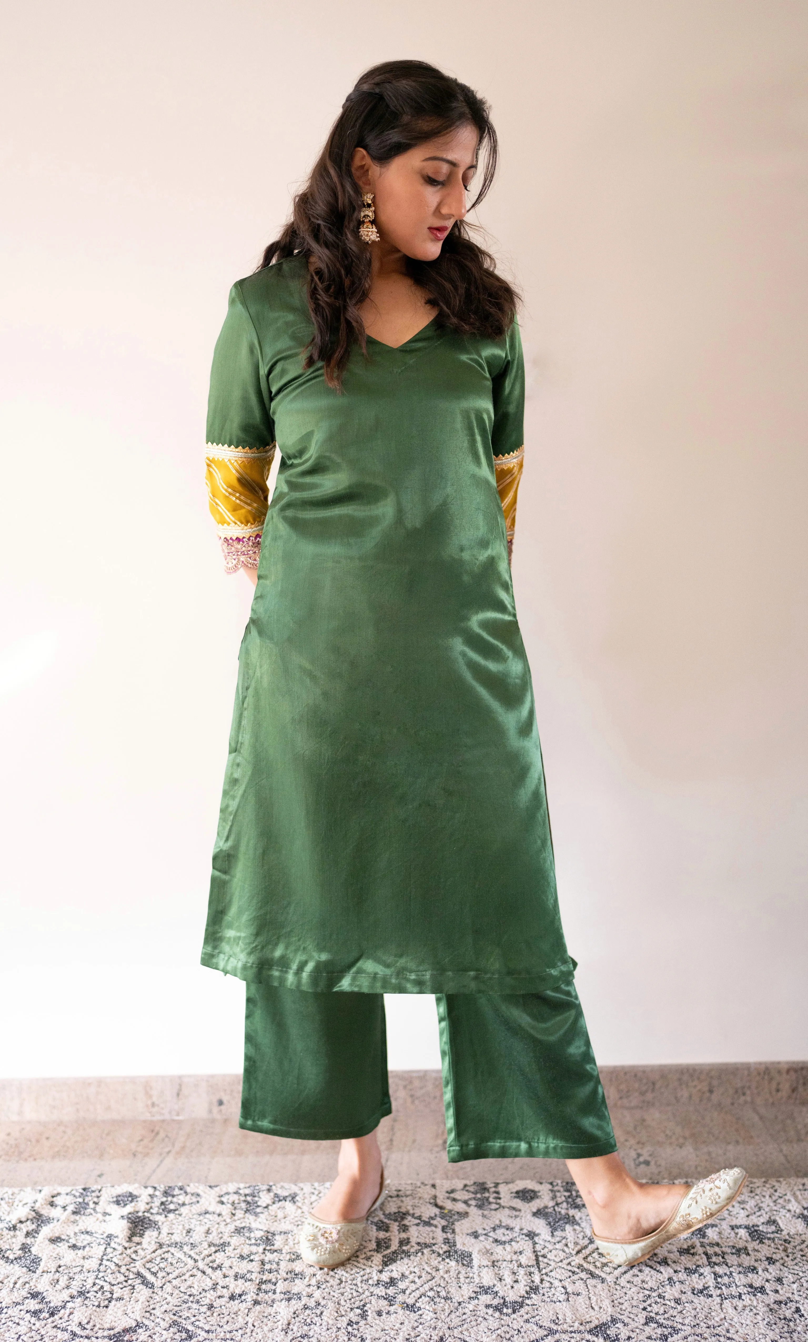 Kainaat x Tyohaar | Emerald Green Mashru Silk A-Line Kurta with Embroidered Sleeves | Coords or Only Kurta