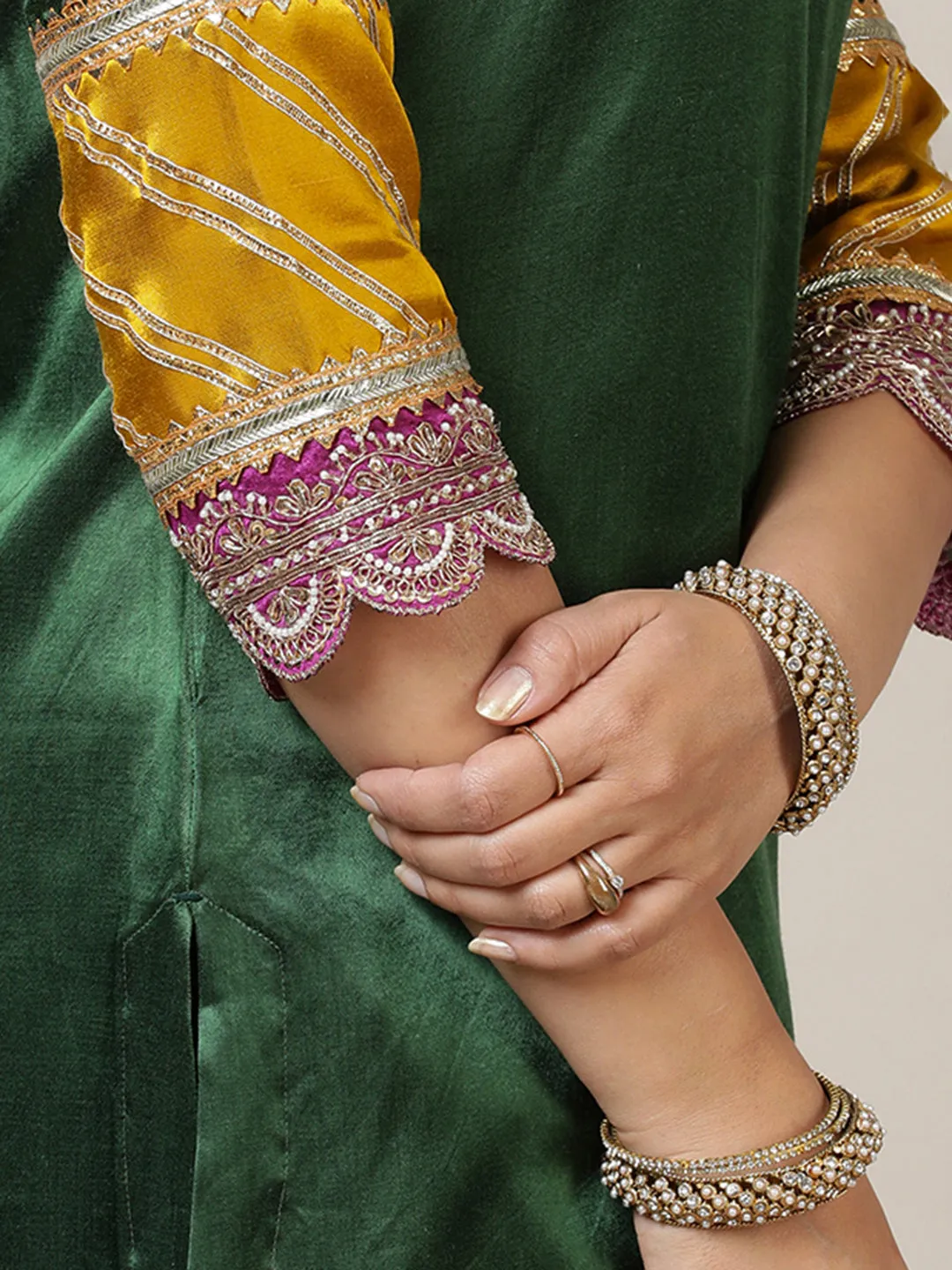 Kainaat x Tyohaar | Emerald Green Mashru Silk A-Line Kurta with Embroidered Sleeves | Coords or Only Kurta
