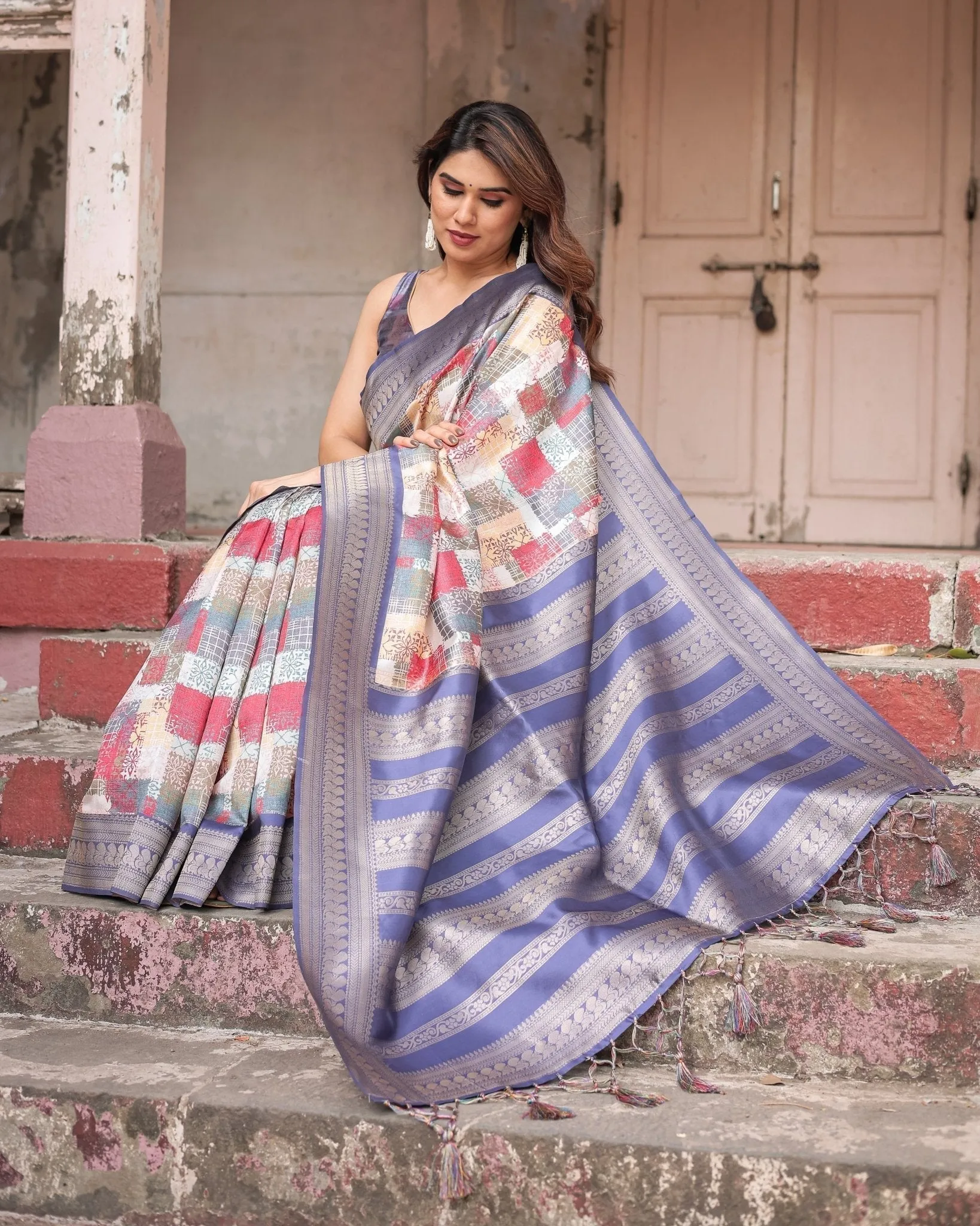 Multicolor Banarasi Silk Saree with Abstract Checkered Print & Lavender Zari Border