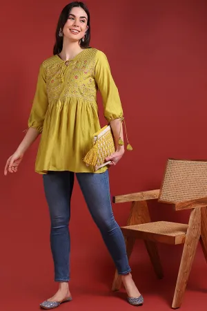 Mustard Yellow Silk Blend Embroidered Regular Top