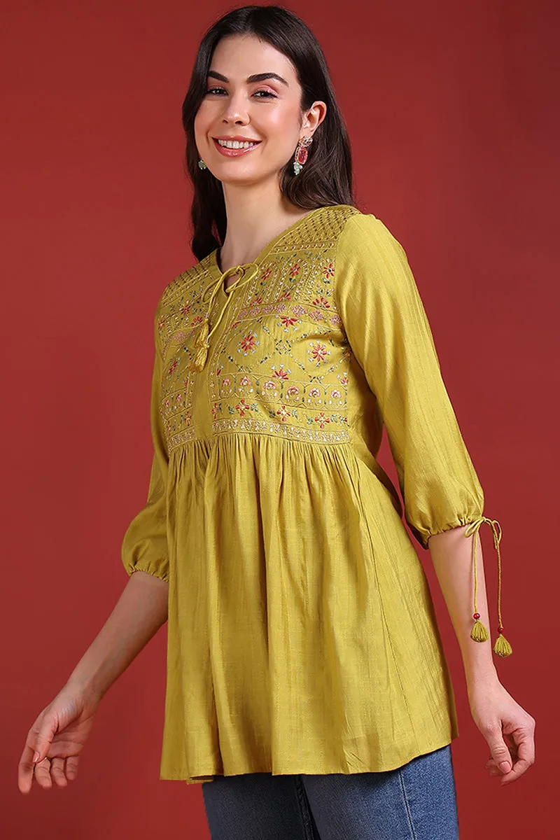Mustard Yellow Silk Blend Embroidered Regular Top