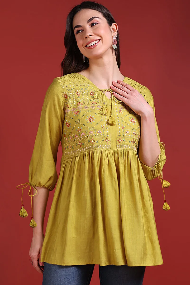 Mustard Yellow Silk Blend Embroidered Regular Top