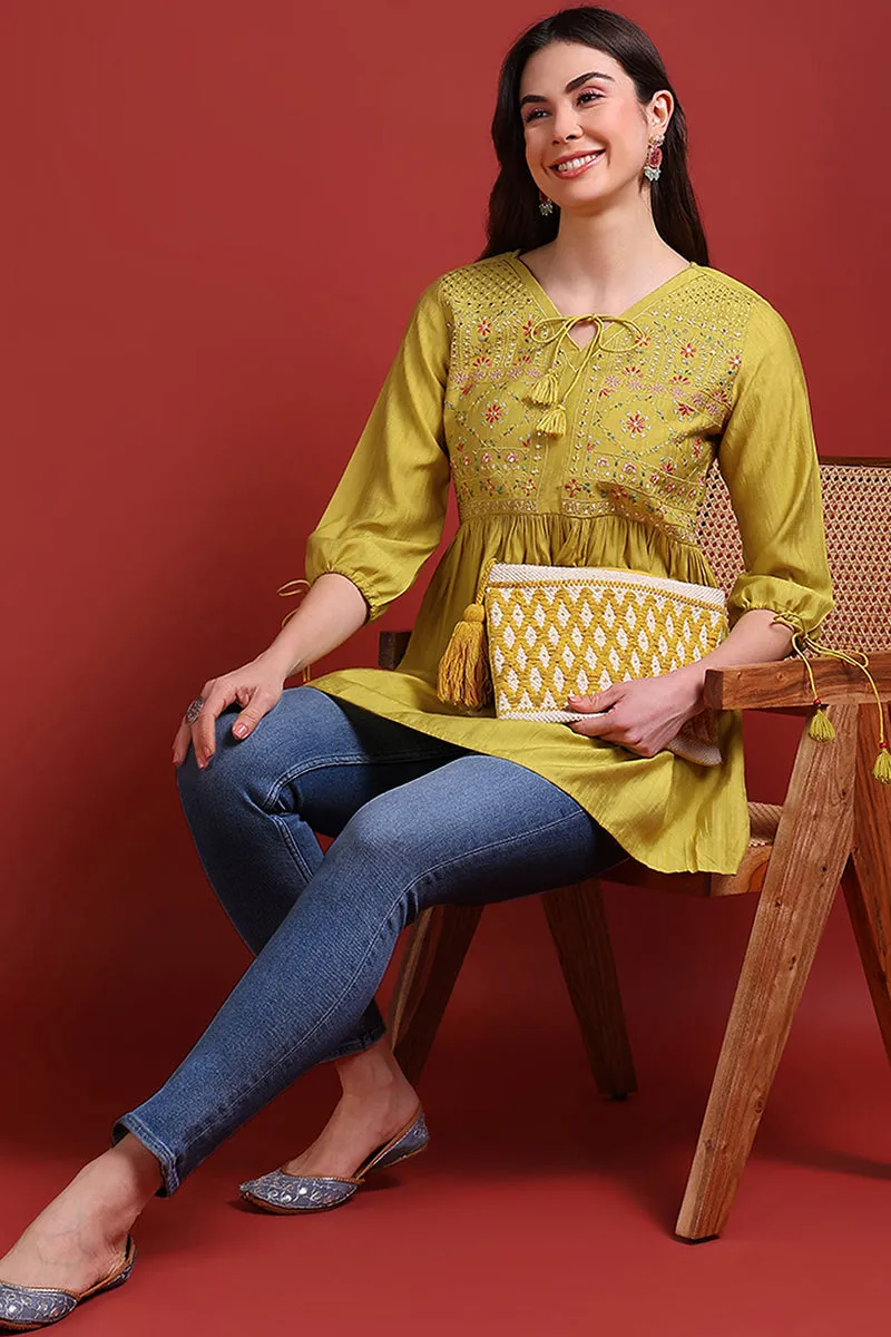 Mustard Yellow Silk Blend Embroidered Regular Top