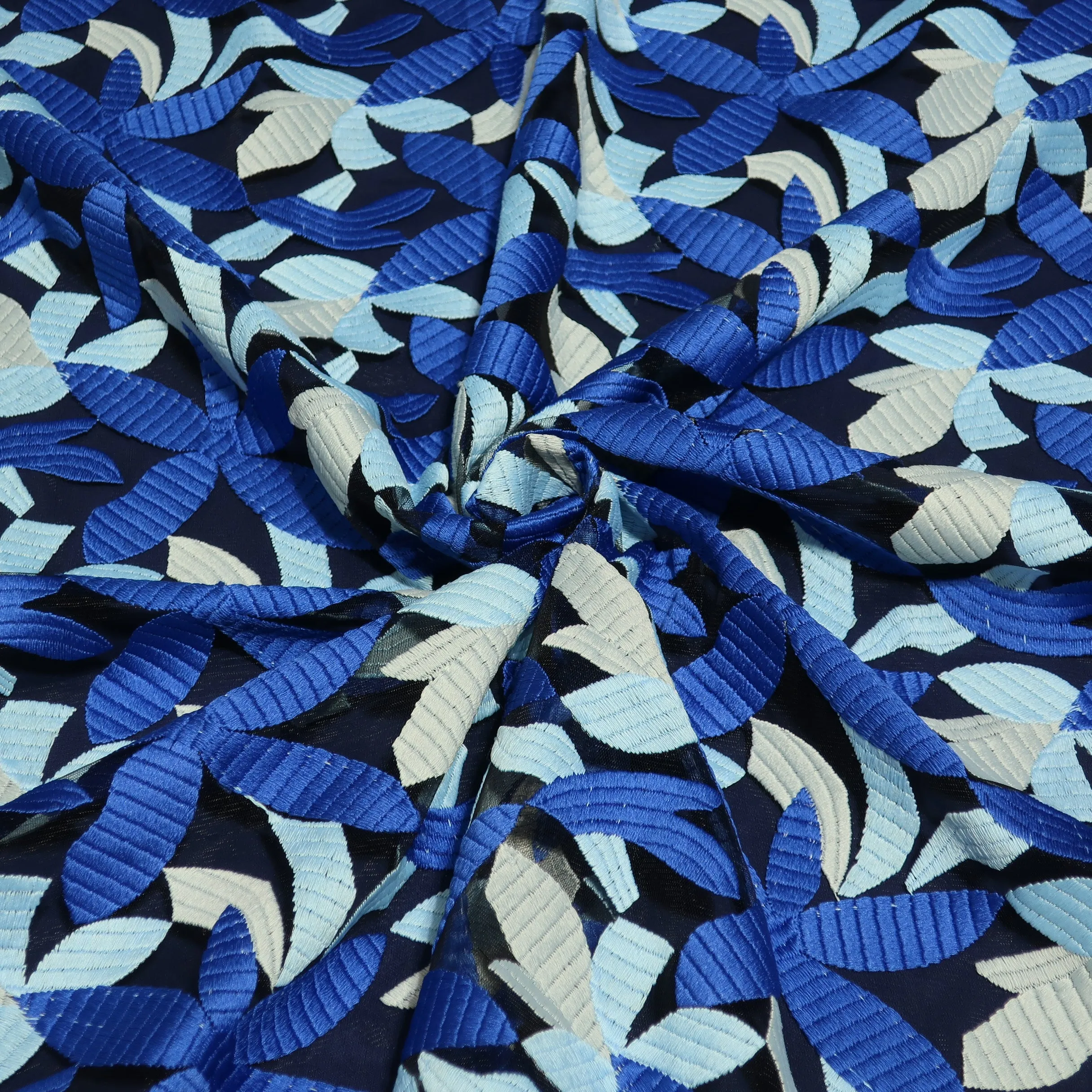 Navy and Aqua Floral Embroidered Tulle Fabric