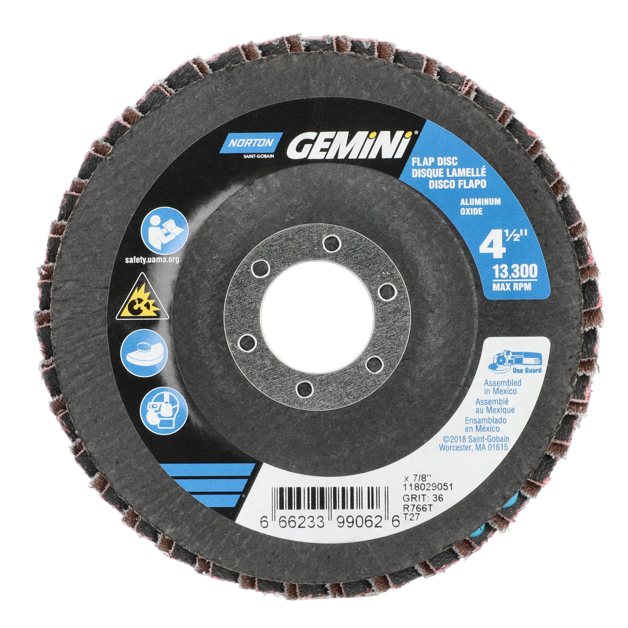 Norton 4-1/2 x 7/8 In. Gemini Fiberglass HD Flat Flap Disc T27 P36 Grit R766 ZA 10 Count
