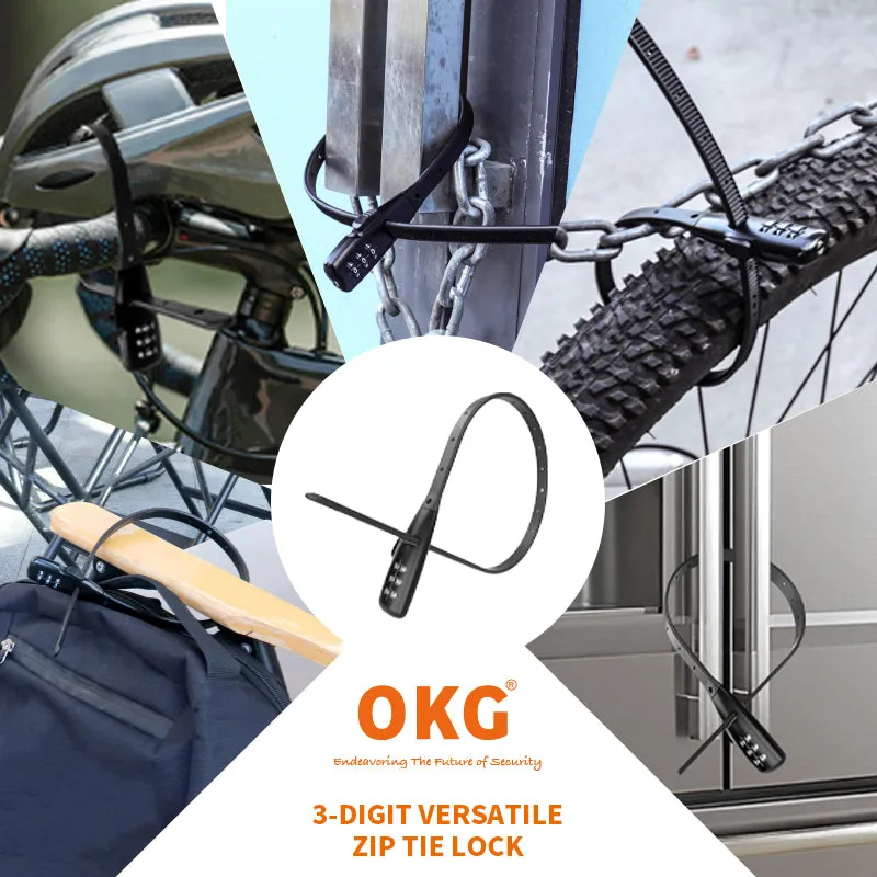 OKG Zip Tie Lock - 3-Digit Combo Bike Lock for Cabinet. Helmet. Skateboard. Fridge. Luggage. BBQ. Stroller. Scooter. Fence Door - 2 Pack (Black)