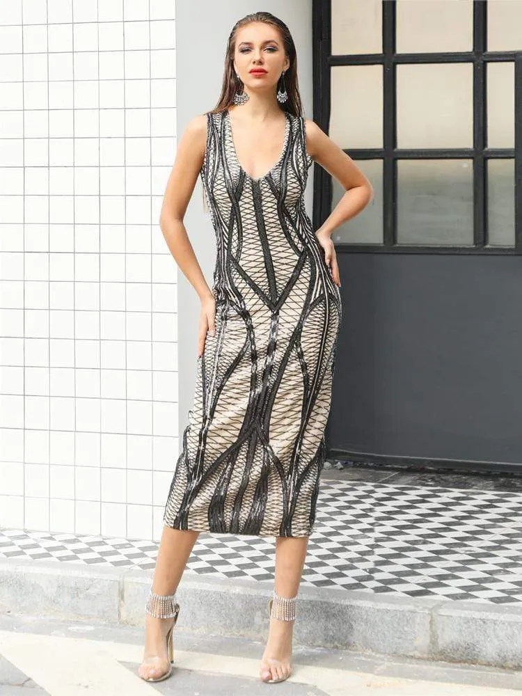 Retro Geometric Sequin Bodycon Midi Party Dress