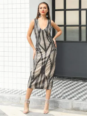 Retro Geometric Sequin Bodycon Midi Party Dress