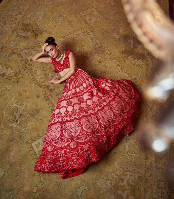 Scarlet Pink And Red Embroidered Lehenga Set