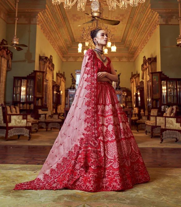 Scarlet Pink And Red Embroidered Lehenga Set