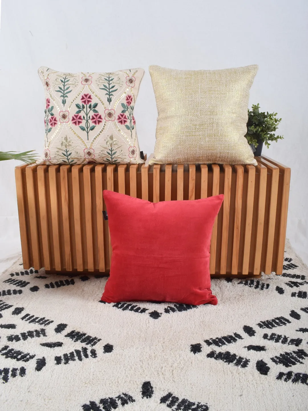 Set of 3 Phulwari Embroidered Cushion Cover with Solid 40x40 CM Cushion covers