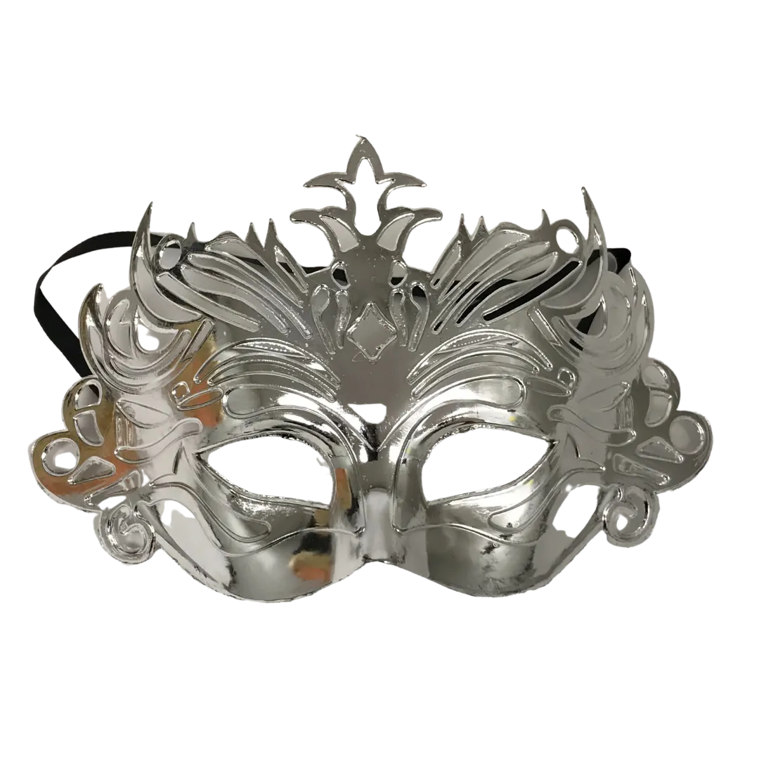 Silver Metallic Ornate Mask with Ribbon Tie (Each)