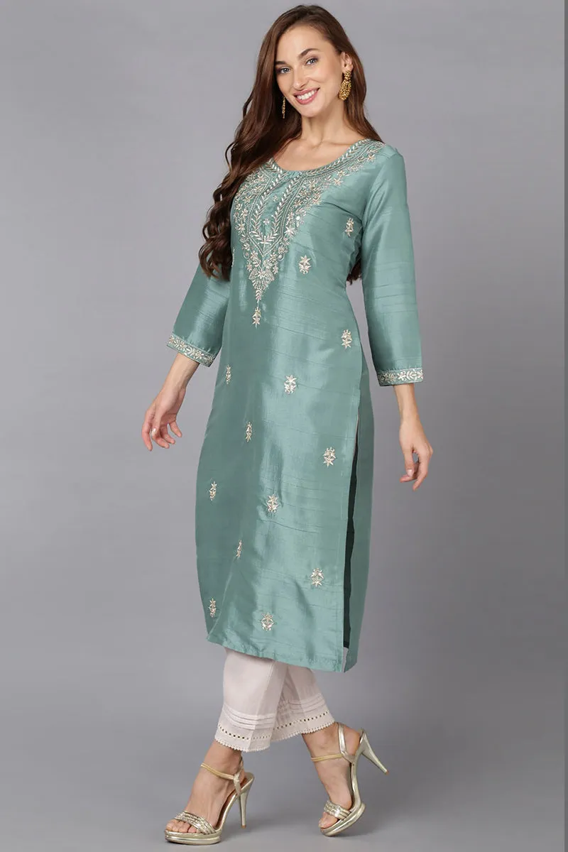 Teal Silk Blend Straight Kurtas
