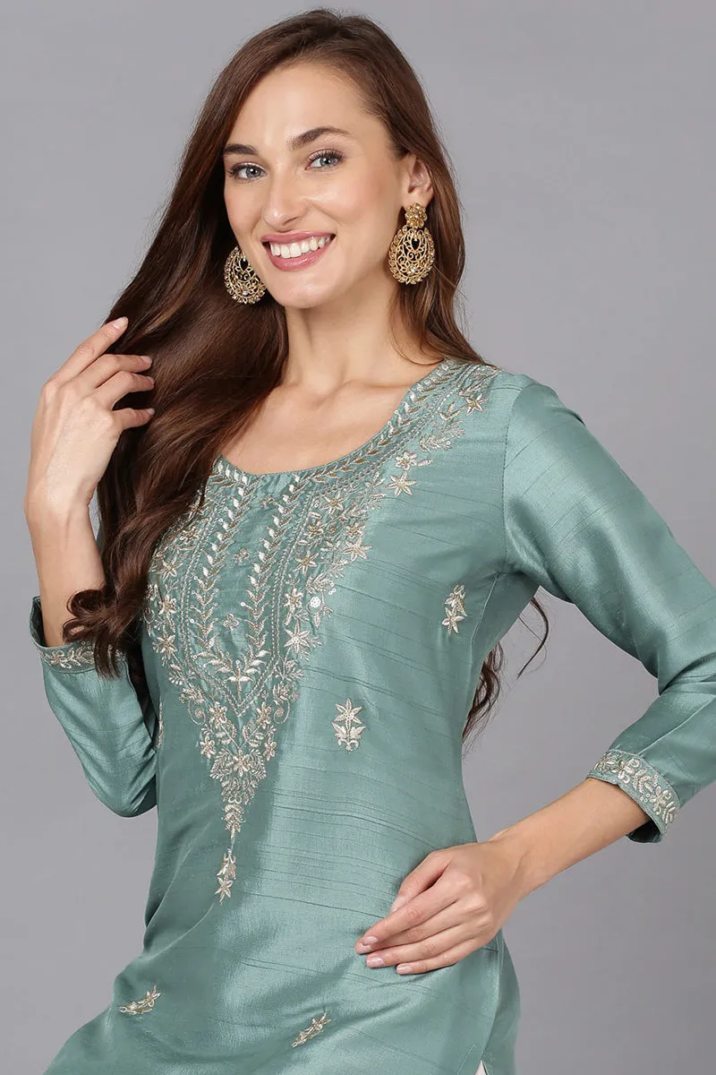Teal Silk Blend Straight Kurtas